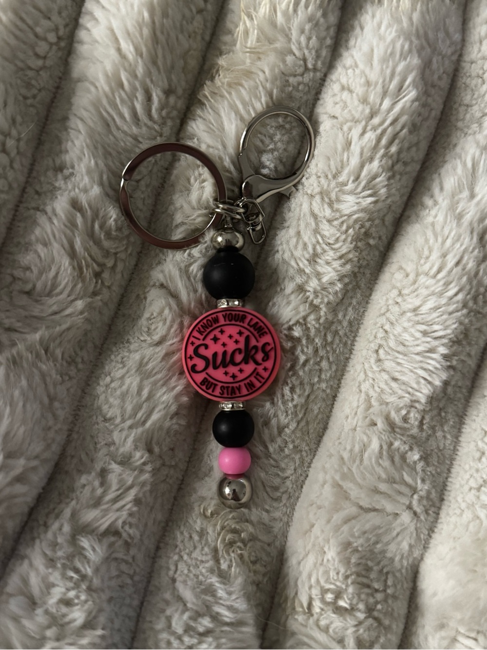 Pink & Black Beaded Keychain Charm with Bold Message